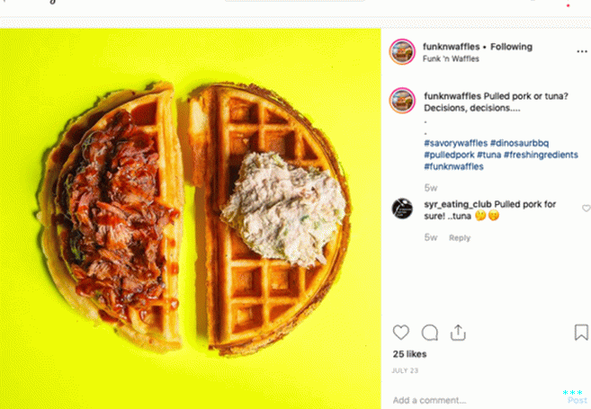 Waffle inspiration can come from anywhere—in this case, Syracuse, Њу Јорк.  Beloved cafe Funk n' Waffles offers your choice of savory waffles, such as pulled pork- or tuna-topped.